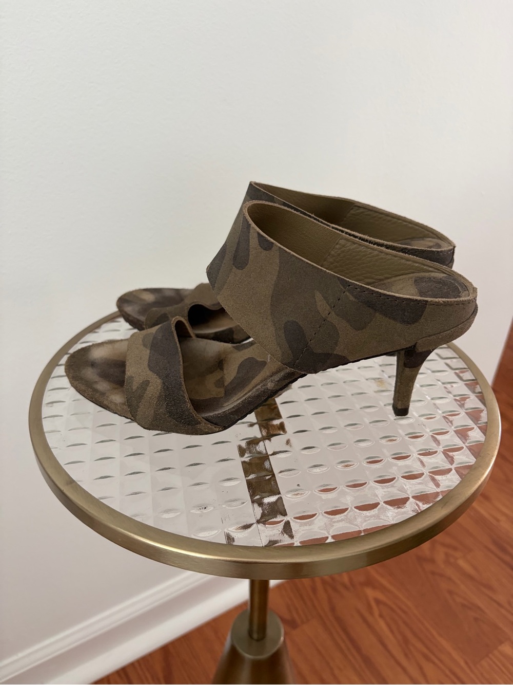 Pedro Garcia Camo Suede Open-Toe Mule Heels - Olive Camo